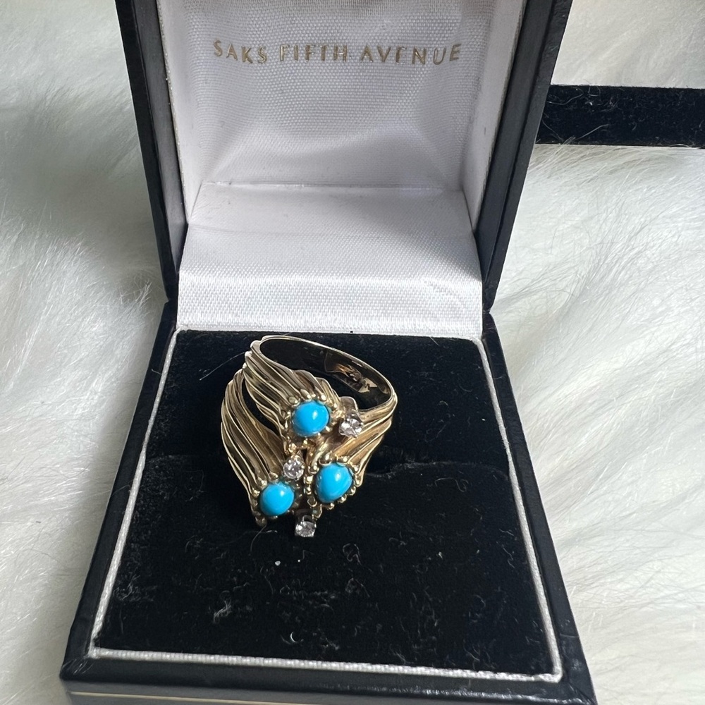 Art Nouveau 14k Yellow Gold, Diamonds 
Turquoise Ring💛🩵💎 - Picture 12 of 17